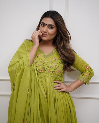 Biba Beautiful Embroidery and Sequence Work Set For Women (Green)
