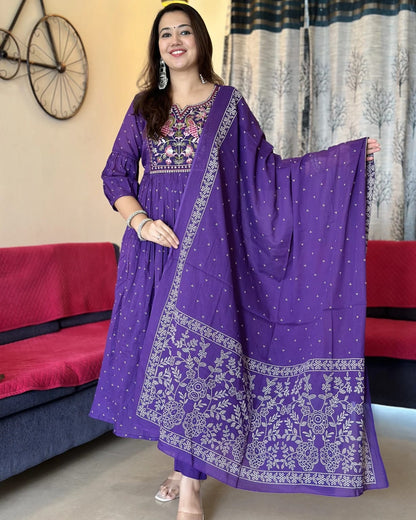 Biba Purple Anarkali Kurta Set with Cotton Pant and Malmal Dupatta