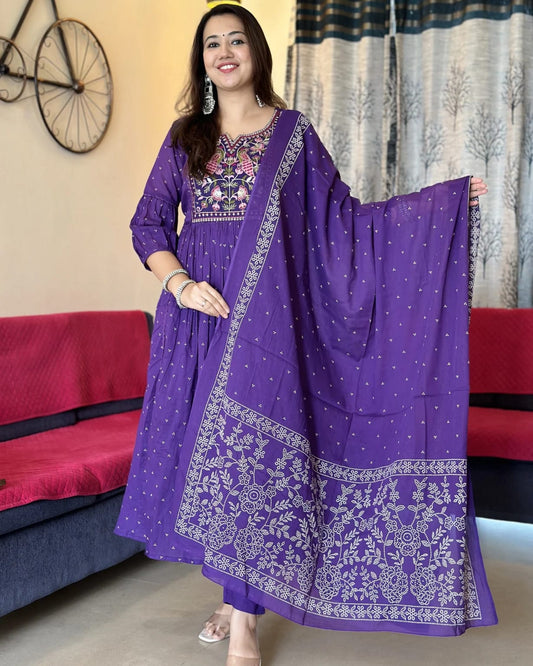 Biba Purple Anarkali Kurta Set with Cotton Pant and Malmal Dupatta