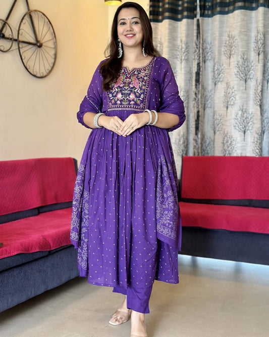 Biba Purple Anarkali Kurta Set with Cotton Pant and Malmal Dupatta