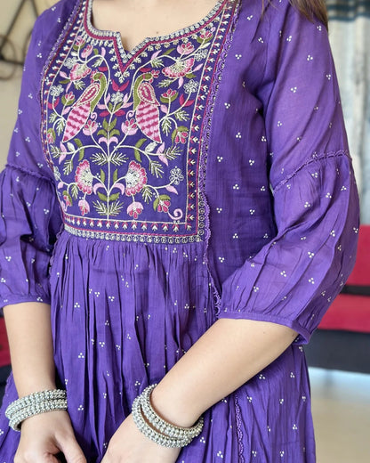 Biba Purple Anarkali Kurta Set with Cotton Pant and Malmal Dupatta