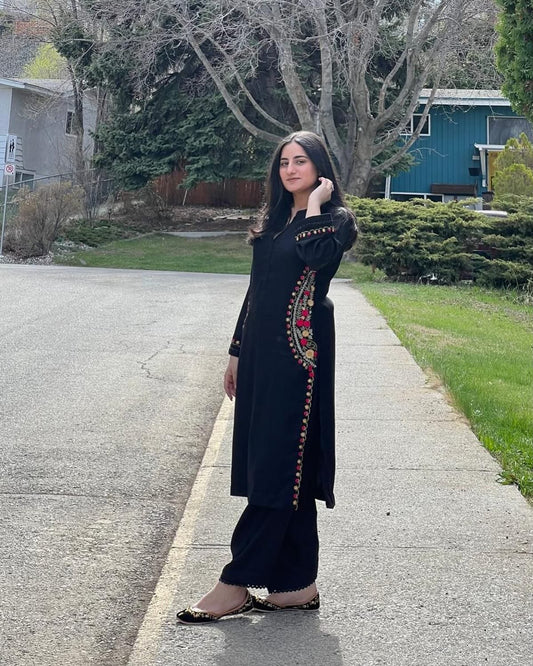 Biba Black Cotton A-Line Kurti With Pant Set For Women