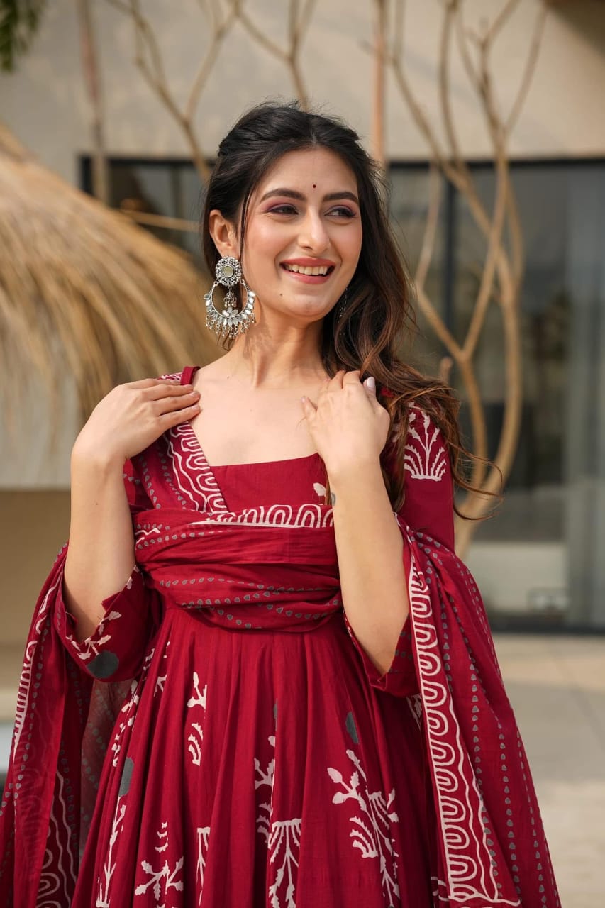 Biba Red Pure Cotton Anarkali Kurta Set for Women