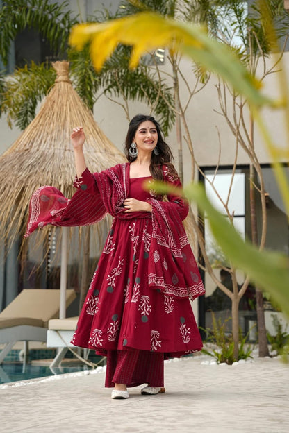 Biba Red Pure Cotton Anarkali Kurta Set for Women