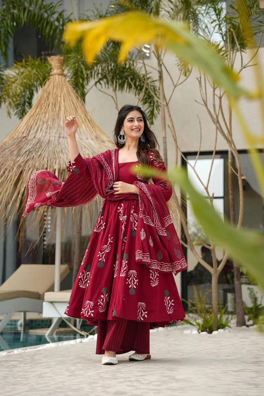 Biba Red Pure Cotton Anarkali Kurta Set for Women