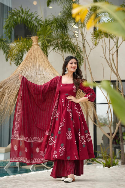 Biba Red Pure Cotton Anarkali Kurta Set for Women