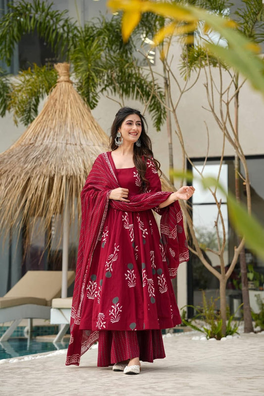 Biba Red Pure Cotton Anarkali Kurta Set for Women