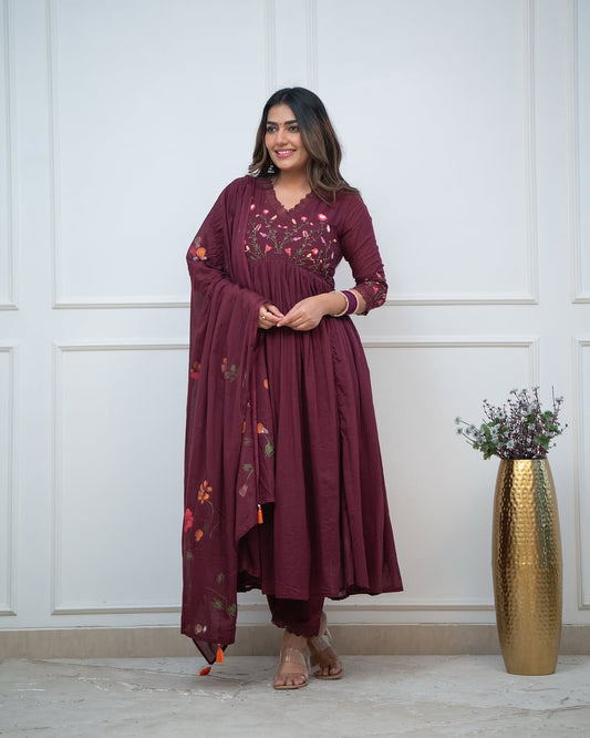 Biba Beautiful Embroidery and Sequence Work Set For Women (Maroon)