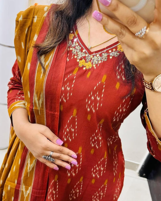 Biba Designer Ikkat Print with Kurti Pant & Dupatta Set