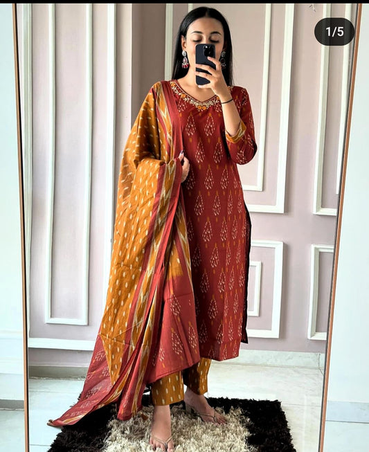 Biba Designer Ikkat Print with Kurti Pant & Dupatta Set