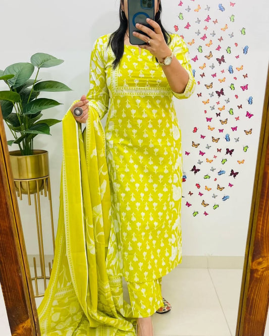 Biba Lemon Yellow Designer Azrak Cotton Suit