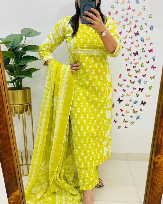 Biba Lemon Yellow Designer Azrak Cotton Suit
