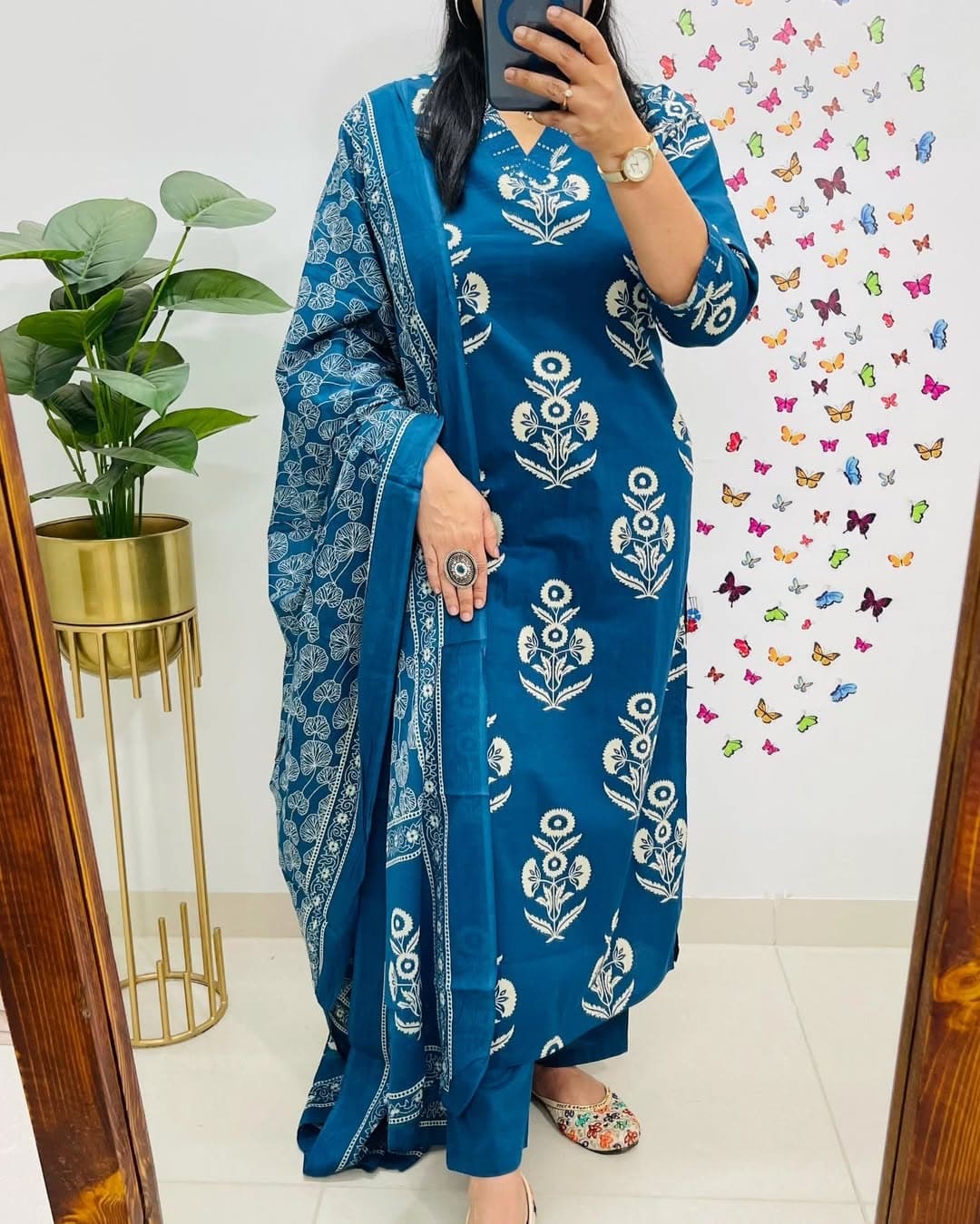 Biba Blue Designer Handblock Print Kurti Pant and Dupatta Set