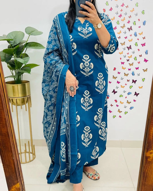 Biba Blue Designer Handblock Print Kurti Pant and Dupatta Set