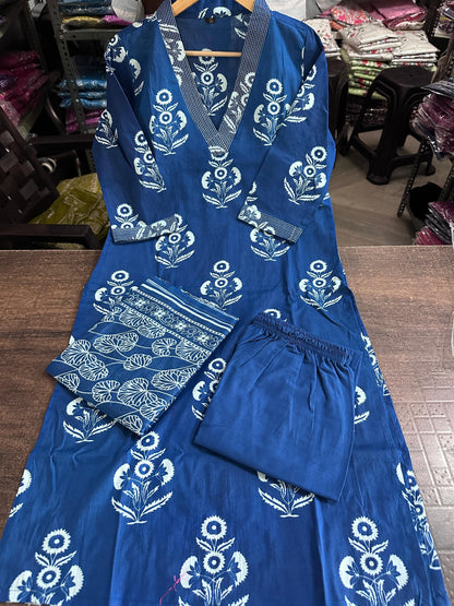Biba Blue Designer Handblock Print Kurti Pant and Dupatta Set