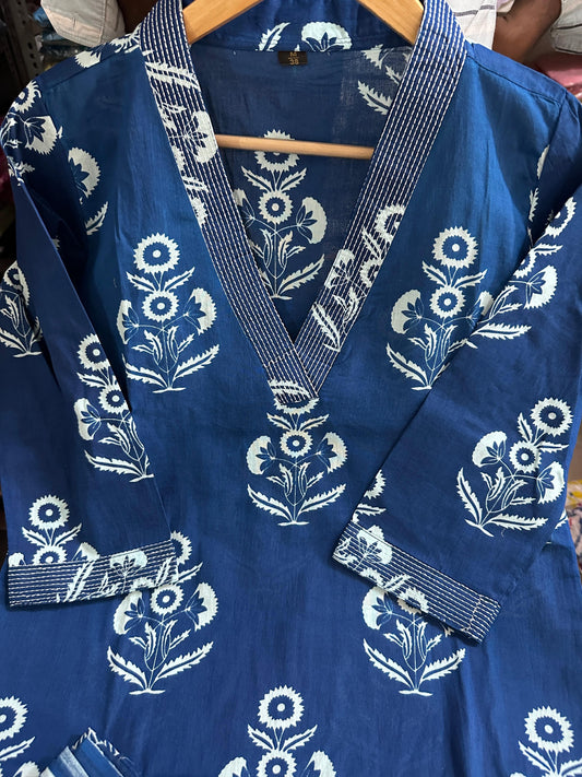 Biba Blue Designer Handblock Print Kurti Pant and Dupatta Set