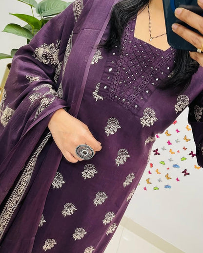 Biba Purple Designer Handblock Print Kurti Pant and Dupatta Set