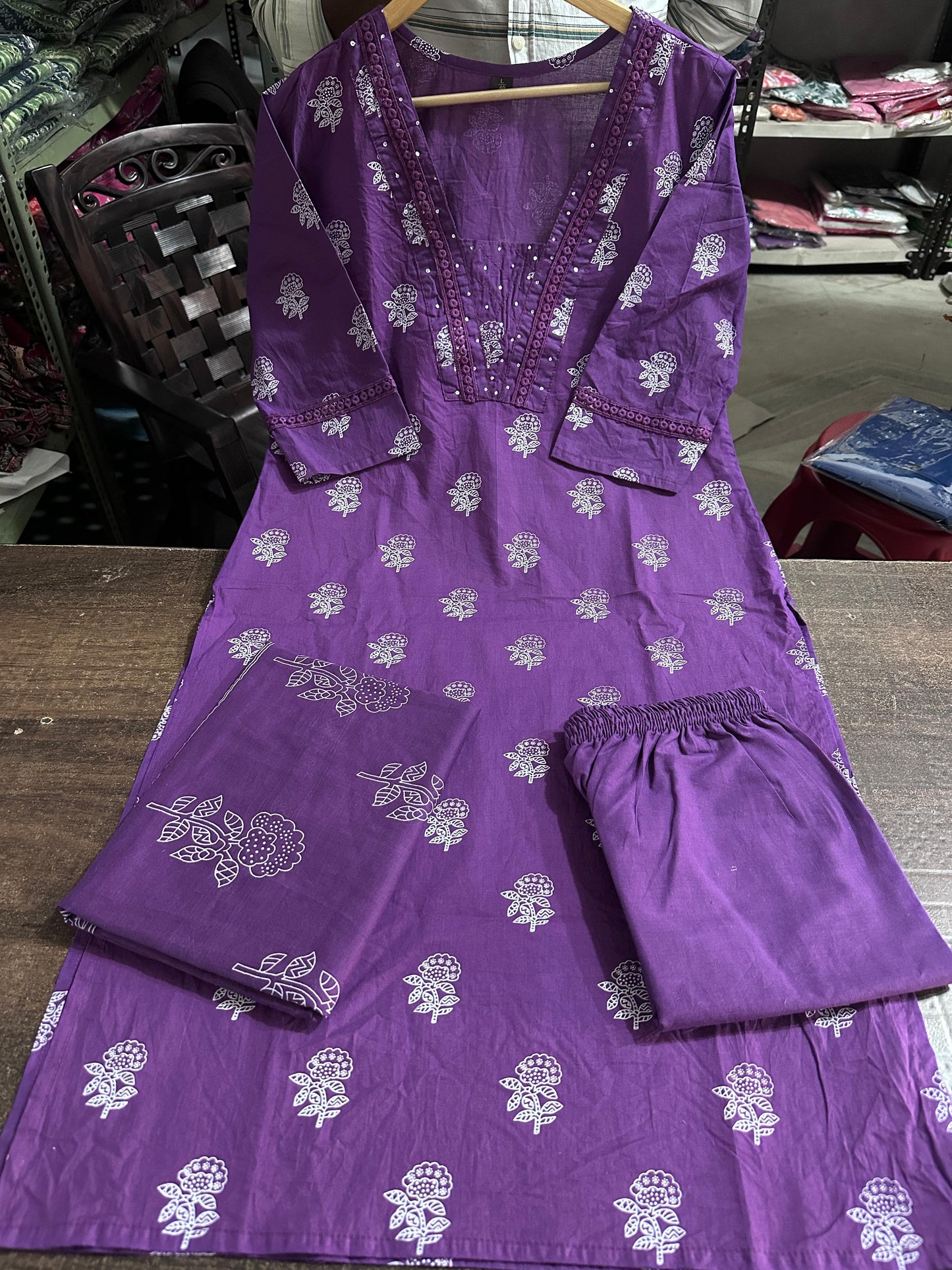 Biba Purple Designer Handblock Print Kurti Pant and Dupatta Set