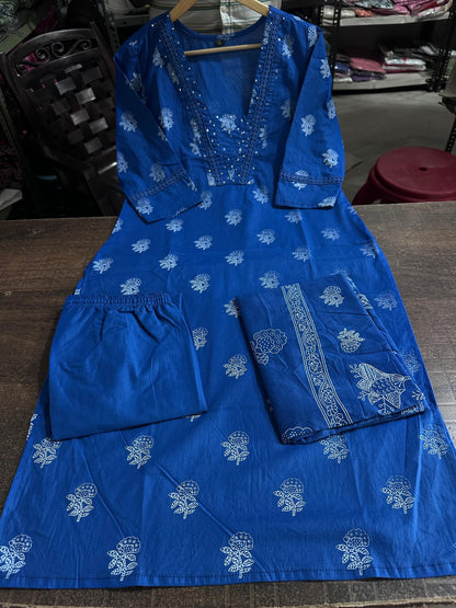 Biba Dark Blue Designer Handblock Print Kurti Pant and Dupatta Set