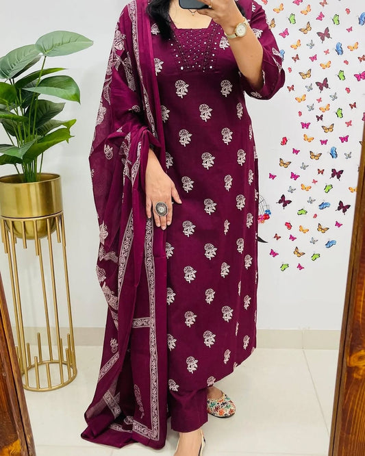 Biba Maroon Designer V-Neck Block Pattern Kurti Pant & Dupatta Set