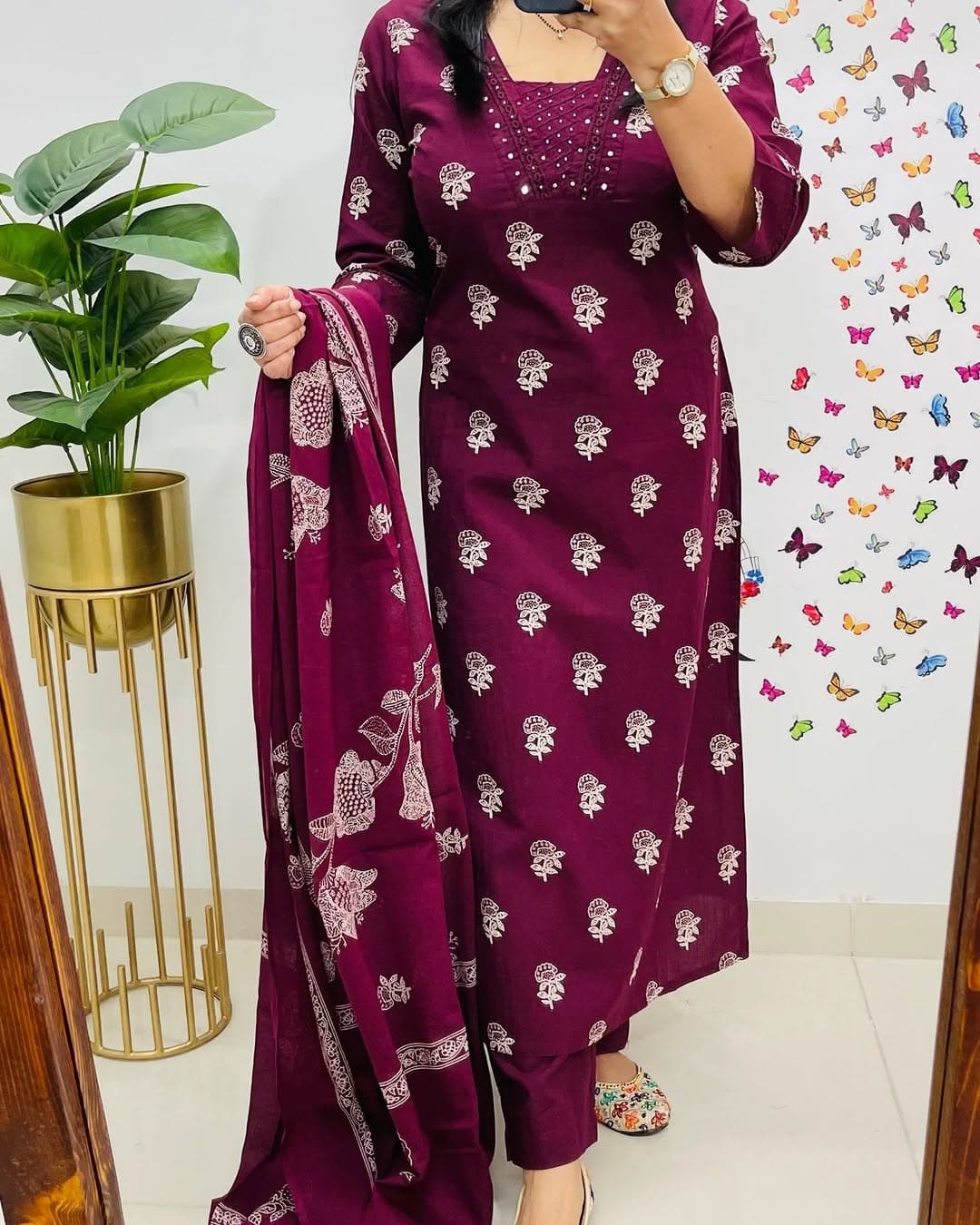 Biba Maroon Designer V-Neck Block Pattern Kurti Pant & Dupatta Set