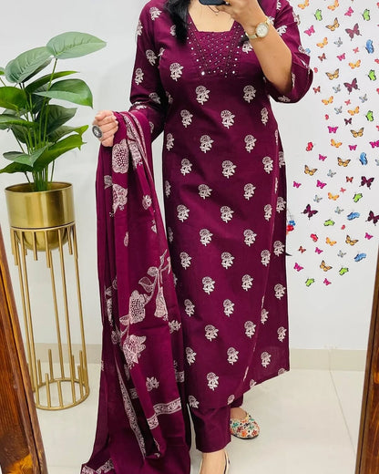 Biba Maroon Designer V-Neck Block Pattern Kurti Pant & Dupatta Set
