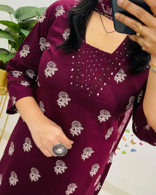 Biba Maroon Designer V-Neck Block Pattern Kurti Pant & Dupatta Set