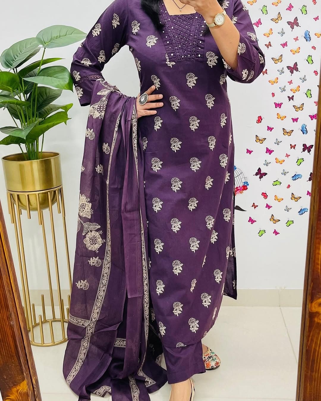 Biba Purple Designer Handblock Print Kurti Pant and Dupatta Set
