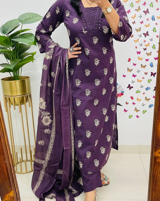 Biba Purple Designer Handblock Print Kurti Pant and Dupatta Set