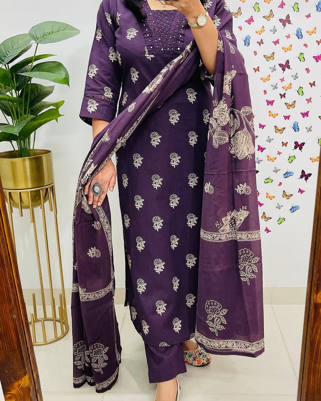 Biba Purple Designer Handblock Print Kurti Pant and Dupatta Set