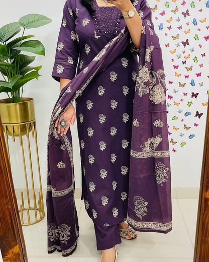 Biba Purple Designer Handblock Print Kurti Pant and Dupatta Set