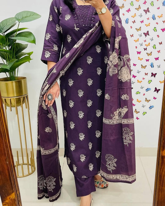 Biba Purple Designer Handblock Print Kurti Pant and Dupatta Set
