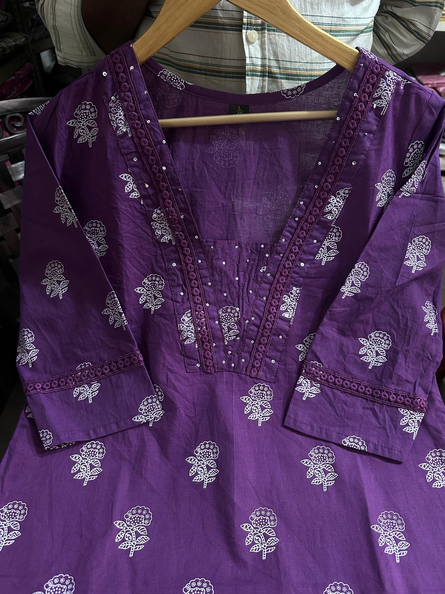 Biba Purple Designer Handblock Print Kurti Pant and Dupatta Set