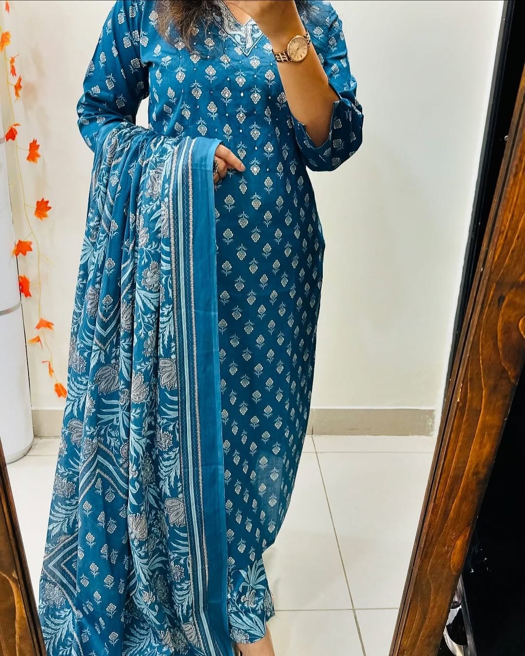 Biba Sky Blue Designer Azarak Printed Kurti Pant and Dupatta Set