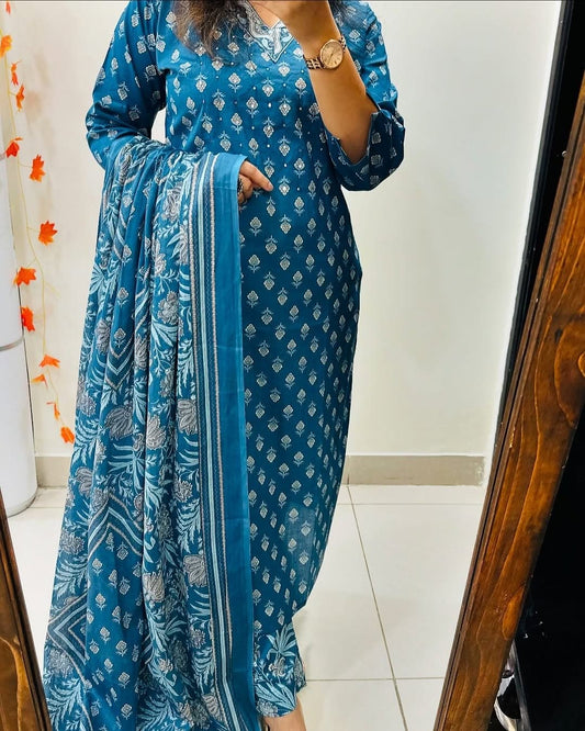 Biba Sky Blue Designer Azarak Printed Kurti Pant and Dupatta Set