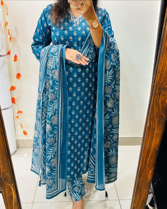 Biba Sky Blue Designer Azarak Printed Kurti Pant and Dupatta Set