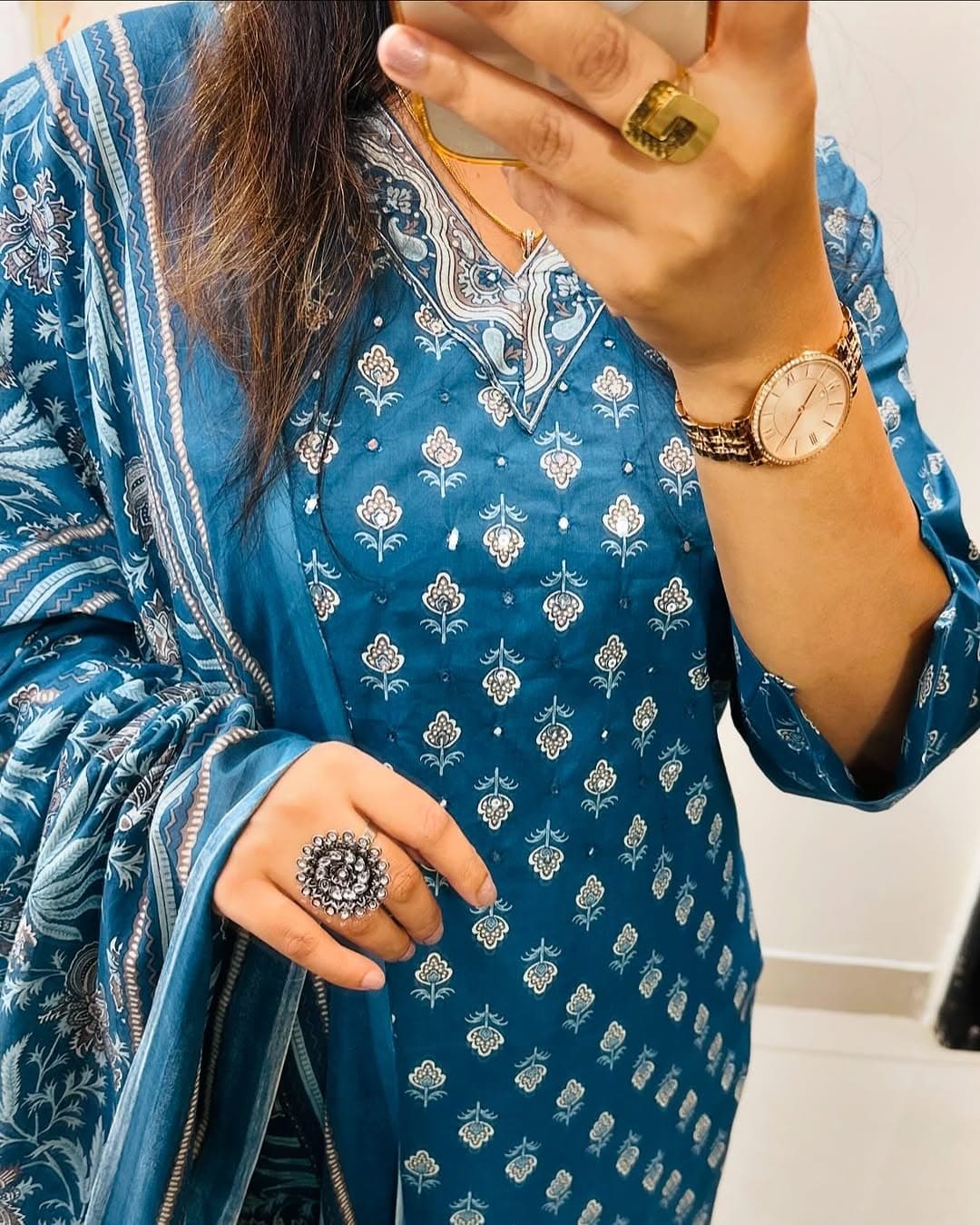 Biba Sky Blue Designer Azarak Printed Kurti Pant and Dupatta Set
