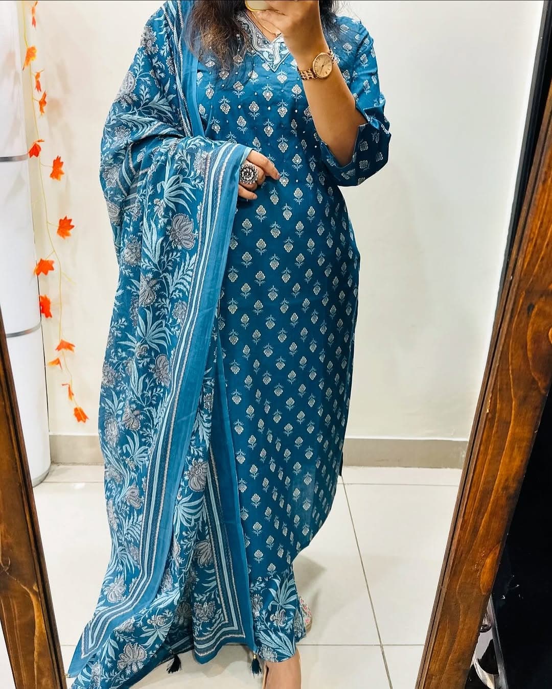 Biba Sky Blue Designer Azarak Printed Kurti Pant and Dupatta Set