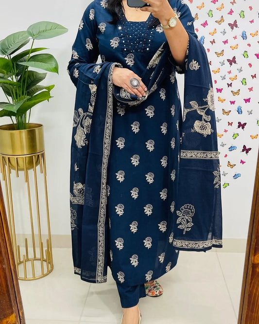 Biba Dark Blue Designer Handblock Print Kurti Pant and Dupatta Set
