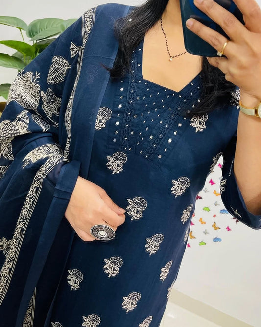 Biba Dark Blue Designer Handblock Print Kurti Pant and Dupatta Set