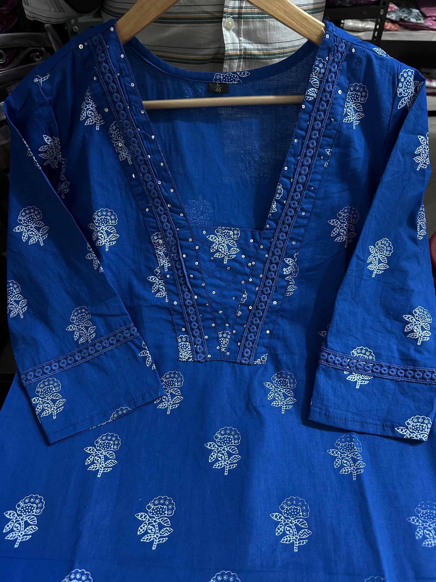 Biba Dark Blue Designer Handblock Print Kurti Pant and Dupatta Set