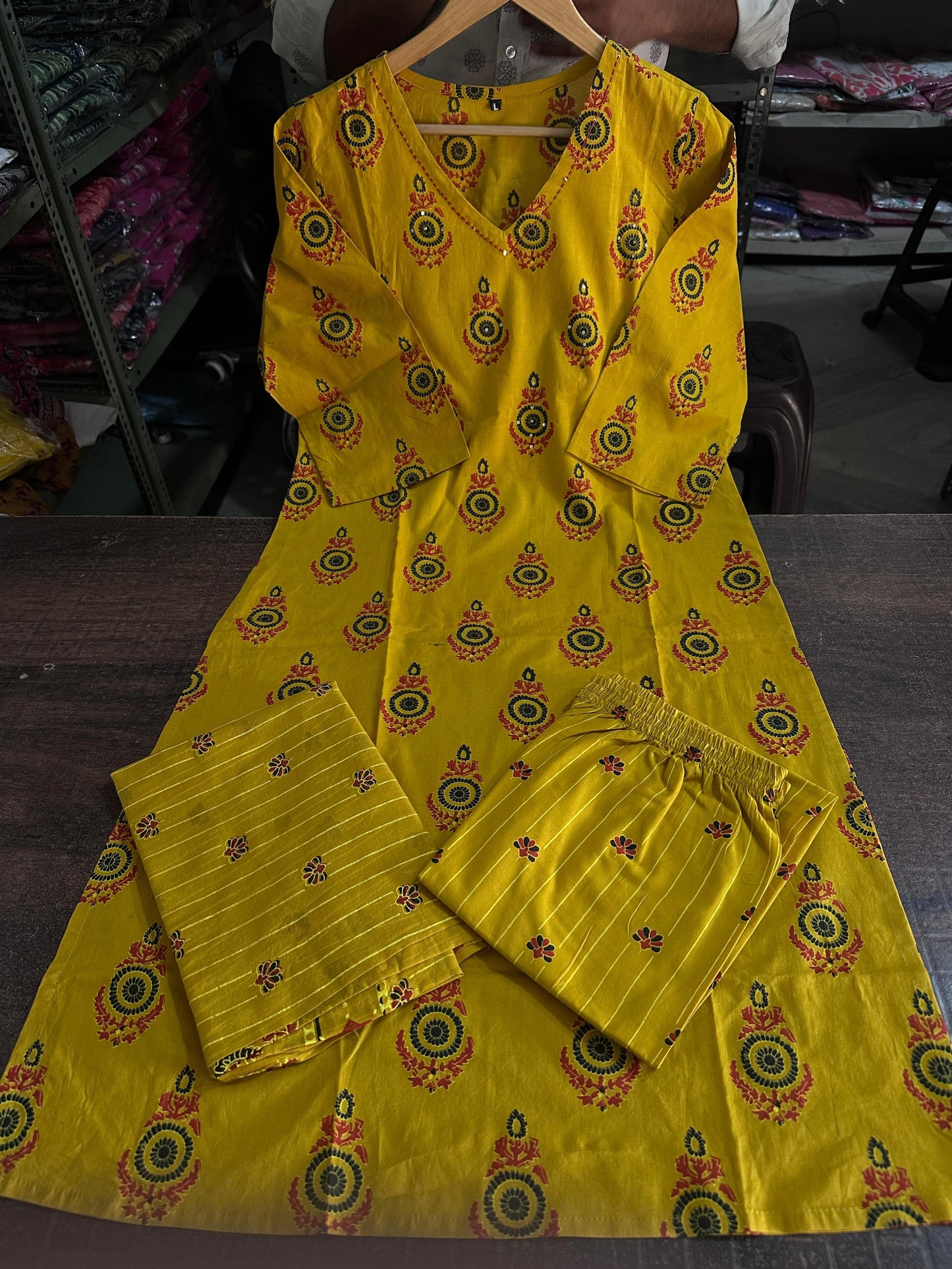 Biba Yellow Kalamkari Fusion Azrak Bagru Print Kurti Pant and Dupatta Set