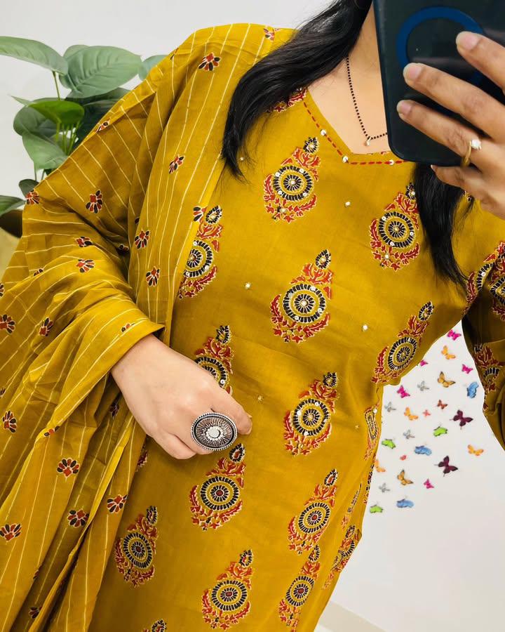 Biba Yellow Kalamkari Fusion Azrak Bagru Print Kurti Pant and Dupatta Set