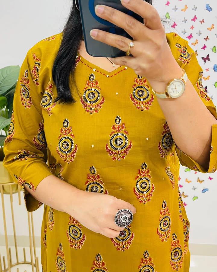 Biba Yellow Kalamkari Fusion Azrak Bagru Print Kurti Pant and Dupatta Set