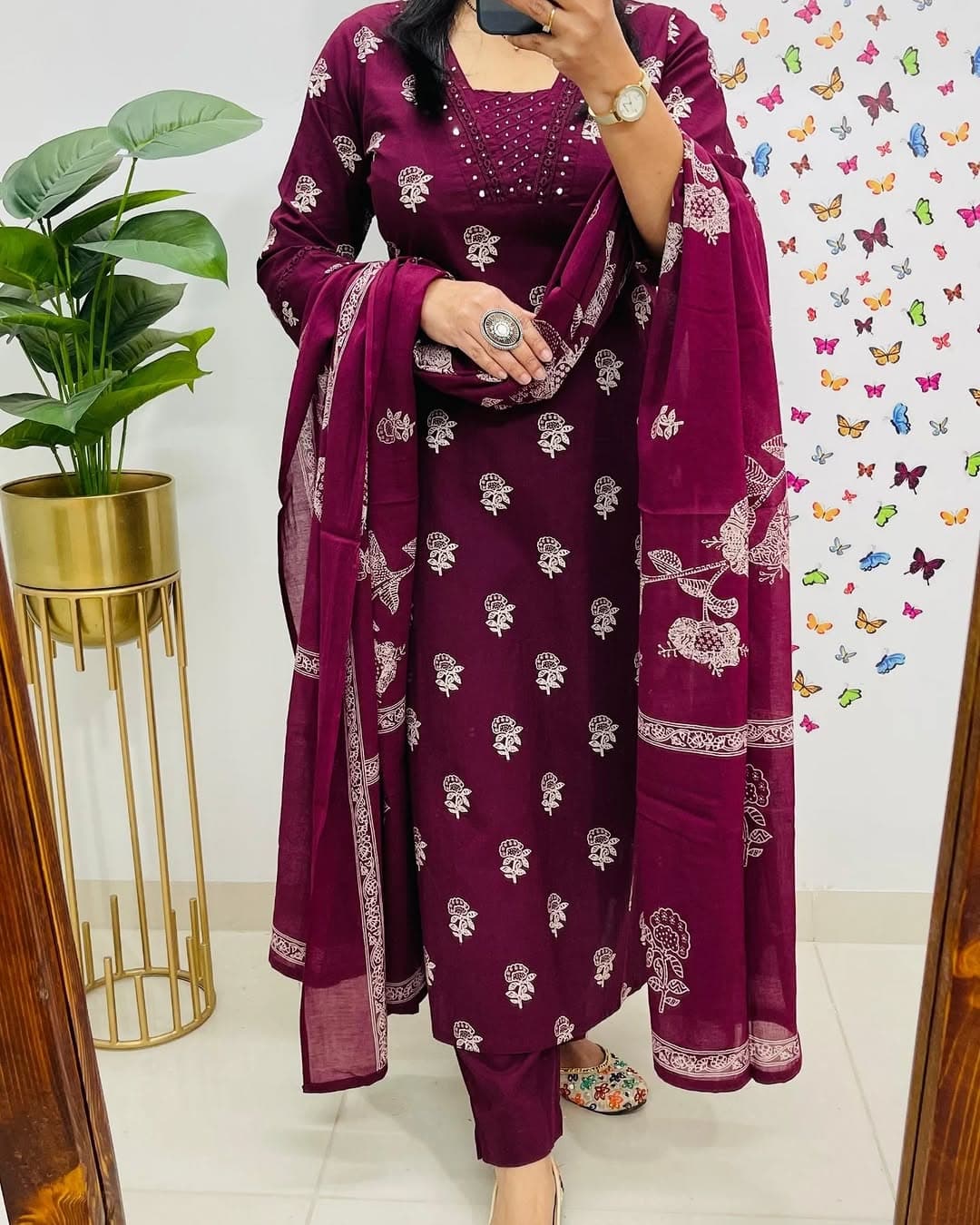 Biba Maroon Designer V-Neck Block Pattern Kurti Pant & Dupatta Set