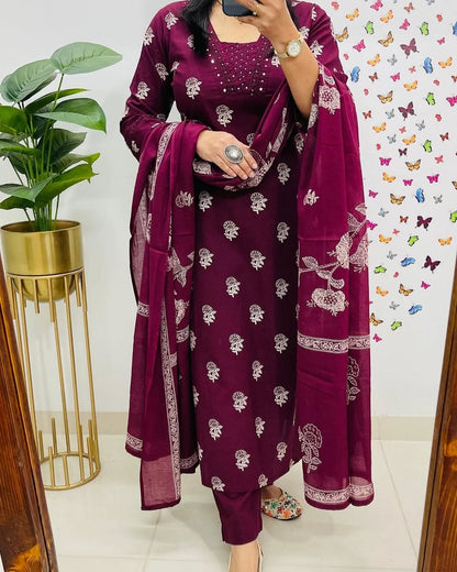 Biba Maroon Designer V-Neck Block Pattern Kurti Pant & Dupatta Set