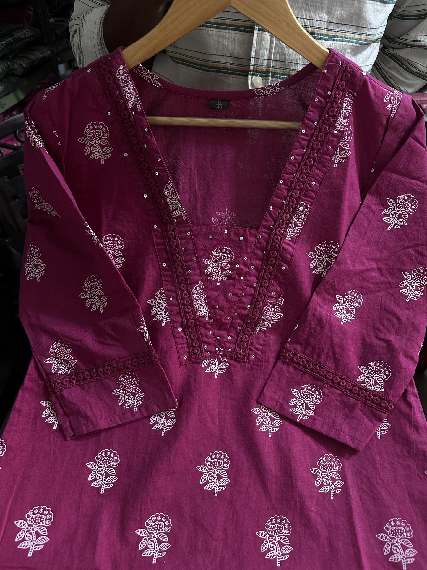 Biba Maroon Designer V-Neck Block Pattern Kurti Pant & Dupatta Set