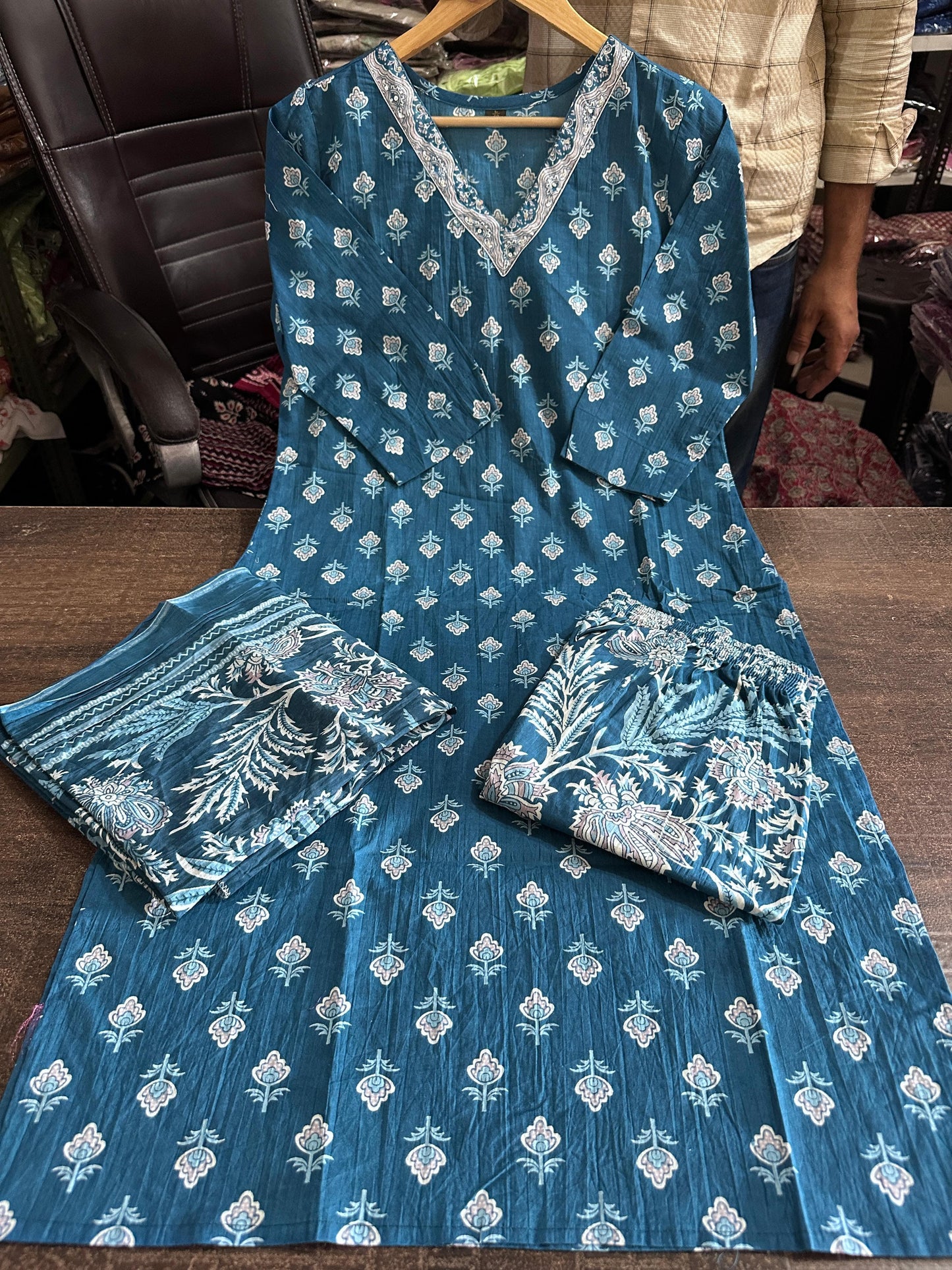 Biba Sky Blue Designer Azarak Printed Kurti Pant and Dupatta Set