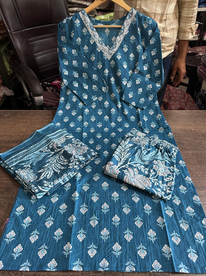 Biba Sky Blue Designer Azarak Printed Kurti Pant and Dupatta Set