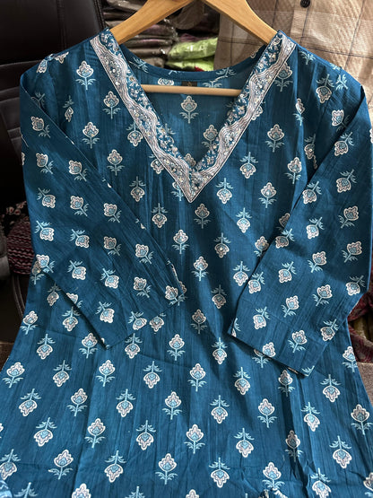 Biba Sky Blue Designer Azarak Printed Kurti Pant and Dupatta Set